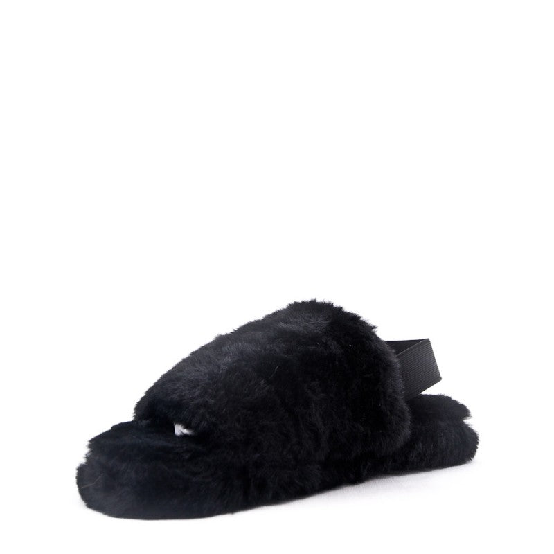 Black Fluffy Mule Elastic Strap Slippers