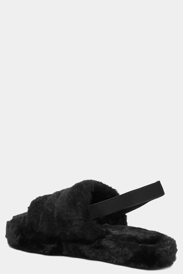 Black Fluffy Mule Elastic Strap Slippers