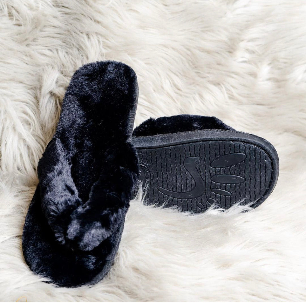 Black Faux Fur Flip Flops